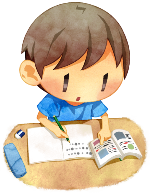 小学生くらいの男の子が勉強をしているイラストです。机の上にノートと教科書（参考書）を広げ、学習している様子です。
