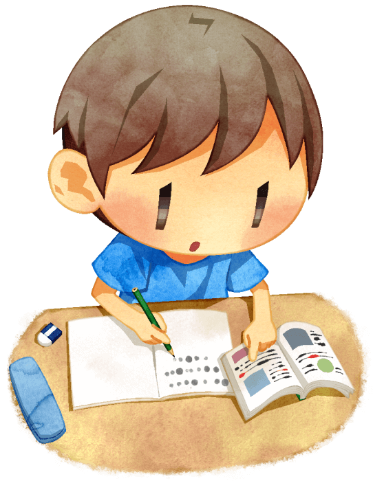 小学生くらいの男の子が勉強をしているイラストです。机の上にノートと教科書（参考書）を広げ、学習している様子です。
