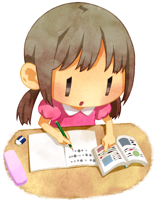 小学生くらいの女の子が勉強をしているイラストです。机の上にノートと教科書（参考書）を広げ、学習している様子です。